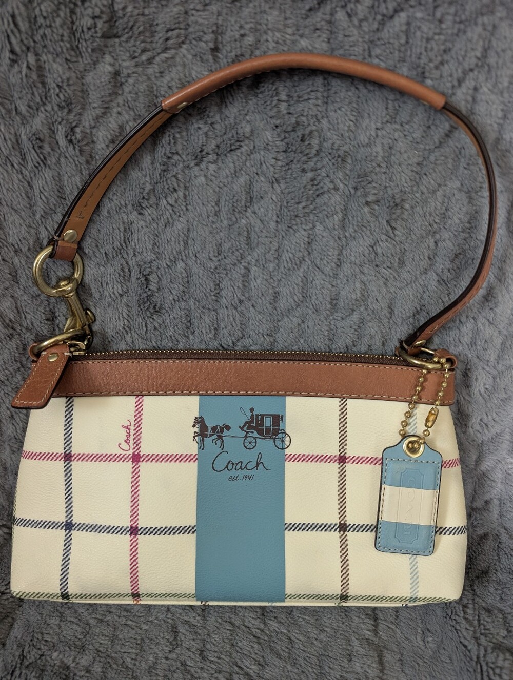 Coach Heritage Tattersall Shoulder Bag with Blue Stripe and Tan Trim, 2008